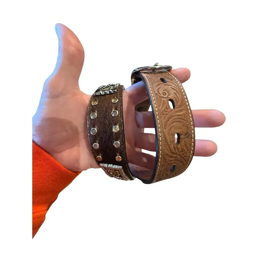 3D Youth Size 26 Western Tooled Leather & Calfhair Belt with Decorative Trim